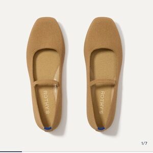 Rothy's Tan Knit Mary Jane Flats with Blue Heel Tab